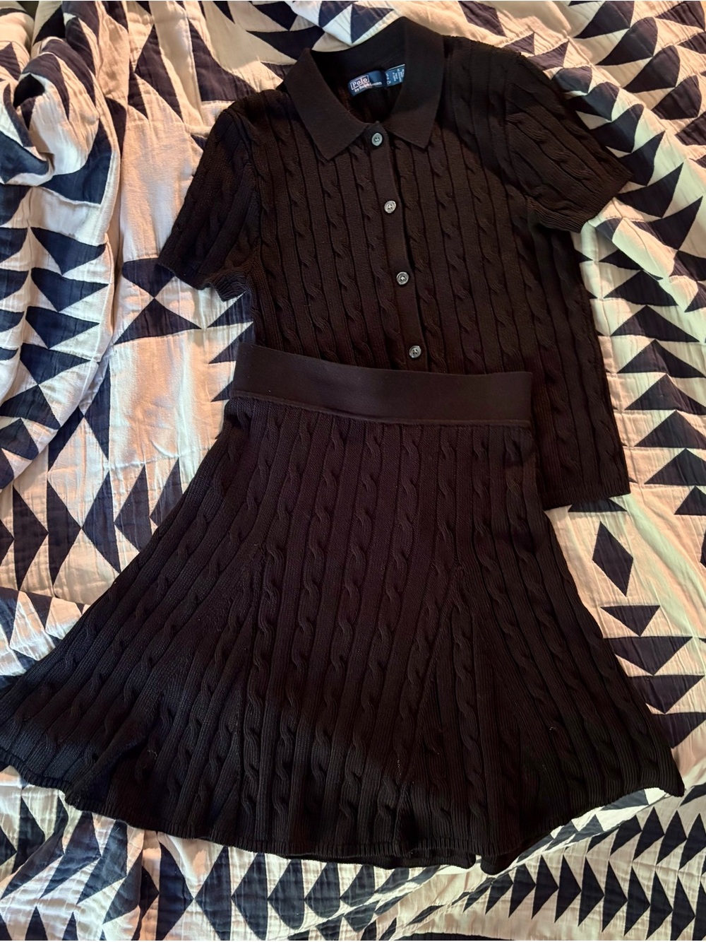 Polo Black Cableknit Skirt and Short Sleeve Cardigan Set Size Small